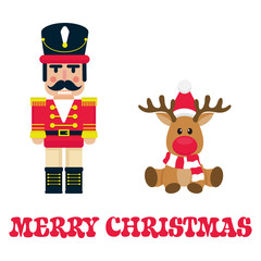 cartoon cute nutcracker and christmas deer with text