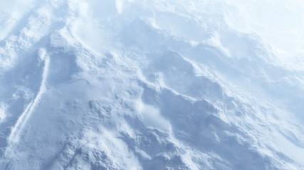 Overhead shot of misty hills covered in snow.