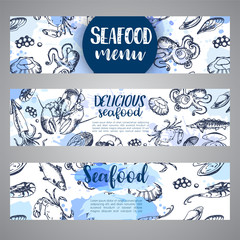 Seafood banner template set. Hand drawn vector illustrations. Ocean fish in engraved style. Sketch of crab, lobster, shrimp, oyster, mussel, caviar and squid