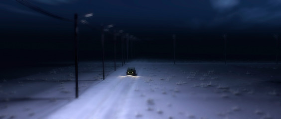 Four-wheel drive vehicle on rural road covered in snow at night.