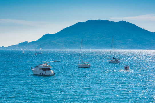 Bay with boats next to Lerici town in Liguria, Italy