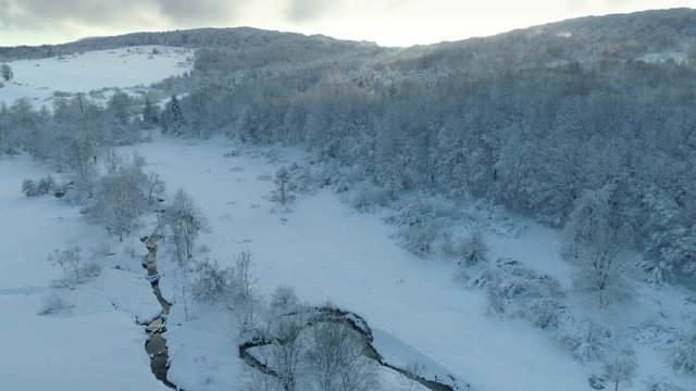 Aerial shot along the meadow among the Carpathian Mountains in winter 4K