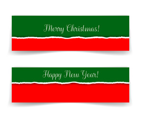 Merry Christmas and Happy New Year banners in grunge style with realistic torn paper borders. Vector illustration for greeting cards, invitations, web headers or advertising