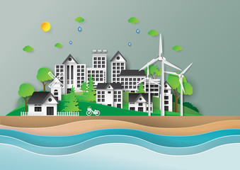 Green city and urban landscape paper art style design.Eco friendly and renewable energy of environment conservation concept.Vector illustration.