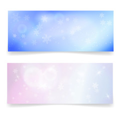 Fototapeta na wymiar Winter snowy banners with snowflakes and lights effects. Vector illustration for Happy New Year greeting cards, invitations, web headers or advertising