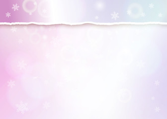 Pastel pink bokeh background with with turn paper edge, snowflakes and light effects. Merry Christmas on Happy New Year banner or header