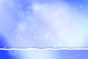 Obraz premium Pastel blue bokeh background with with turn paper edge, snowflakes and light effects. Merry Christmas on Happy New Year banner or header