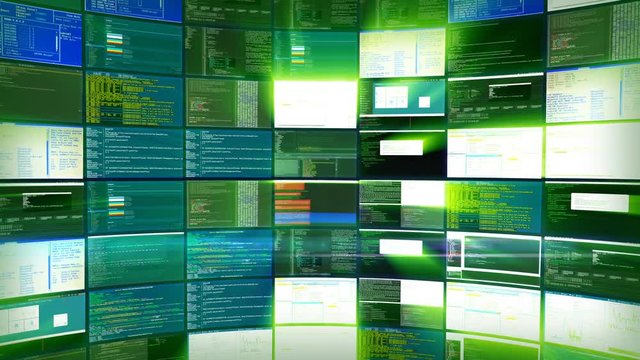 Beautiful animation of processing information in a data center hosting provider. Powerful computers and servers perform calculation of large amounts of data, green seamless loop, 4K UHD