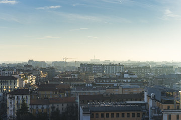 Milano (Milan, Italy) 2017 panoramic skyline with Mist and Smog at Horizon