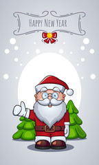 Vector cartoon character of Santa Claus as Christmas greeting card with congratulations. New Year message banner.