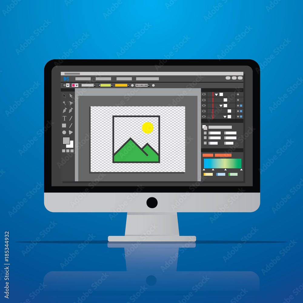 Poster graphic photo picture editor software icon on desktop computer in vector flat design style