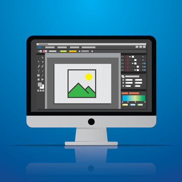 graphic photo picture editor software icon on desktop computer in vector flat design style