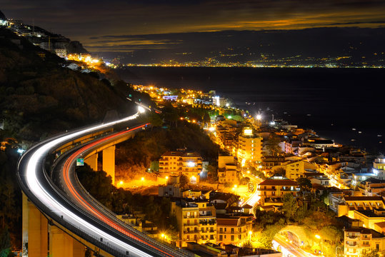Night city, the Letojanni town by night, Italy, sicilia