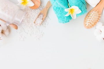 Spa ingridients. Bath solt, comb, natural soap and towel with copy space.
