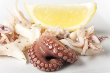 Nahaufnahme vom Tintenfischsalat