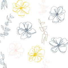 Anemone flowers floral vector seamless pattern. Hand drawn flowers and twigs