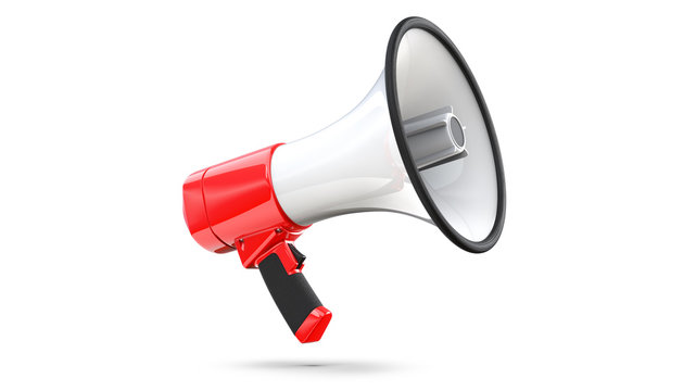 Red and white megaphone isolated on white background. 3d rendering of bullhorn, file contains a clipping path to isolation