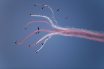 Silhouettes of the skydiver team flying in formation