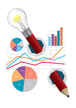 Creative economy solution concept.
Red Pencil with light bulb symbolizing creativity with economy charts.Vector available.