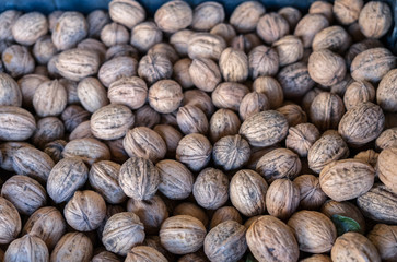 Unpeeled english walnuts for sale at Porto market (Mercado do Bolhao). Portugal. Top view
