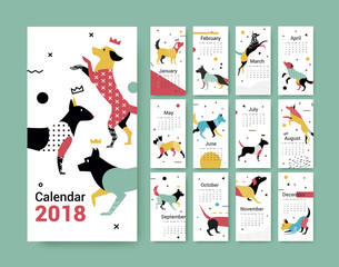 Template calendar 2017 with a dog in Memphis style