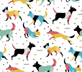 Simple modern pattern with dogs in Memphis style - 185346575