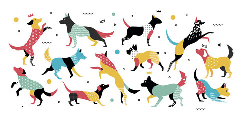 Dogs with geometric elements in 90s years style