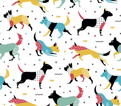 Simple modern pattern with dogs in Memphis style