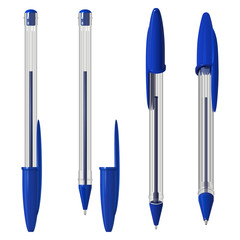 Синяя пластиковая шариковая ручка с колпачком, в прозрачном шестигранном корпусе, в нескольких положениях, на белом фоне
