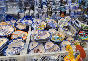 Traditional portuguese souvenirs for sale at Porto market (Mercado do Bolhao). Portugal