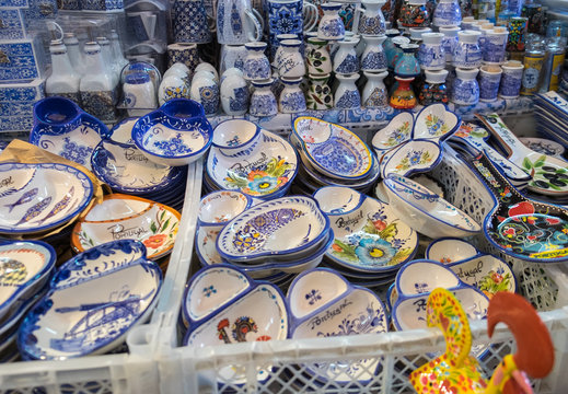 Traditional portuguese souvenirs for sale at Porto market (Mercado do Bolhao). Portugal