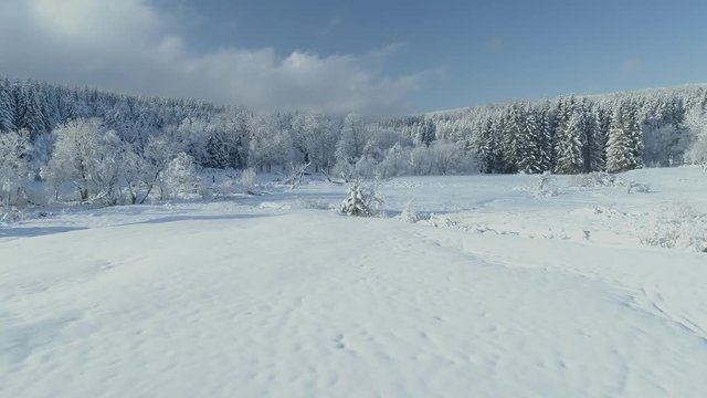 Aerial shot along the meadow among the Carpathian Mountains in winter 4K