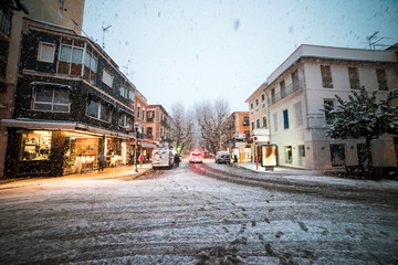 Snowfall in small spanish town Denia in winter