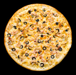 pizza with ham and mushrooms, isolated