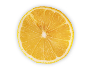 Juicy yellow slice of lemon, white background, isolated