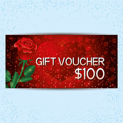 Gift voucher with red rose and heart.