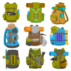 Backpack camp vector backpacking travel bag with tourist equipment in hiking camping and climbing sport knapsack or rucksack set illustration isolated on white background - 185350190