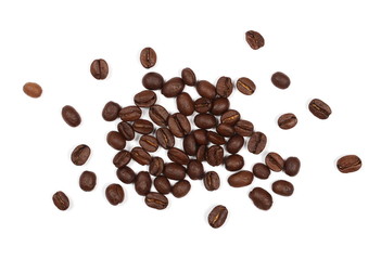 Coffee beans pile isolated on white background and texture, top view
