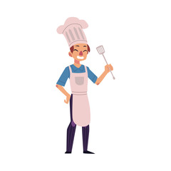 Happy man in chef hat and apron holding turner, cartoon vector illustration isolated on white background. Full length portrait of happy young Caucasian chef in hat and apron holding kitchen turner