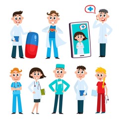 vector flat adult male, female doctors, head physician , nurses in medical clothing holding clipboard, smartphone with avatar inside smiling, set. Isolated illustration on a white background.