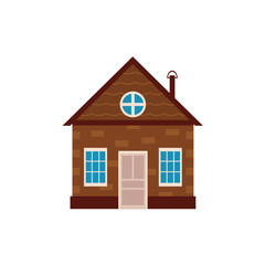vector flat private wooden house with door, windows icon. Symbols of house rent, sale, real estate and insurance. Isolated illustration on a white background.