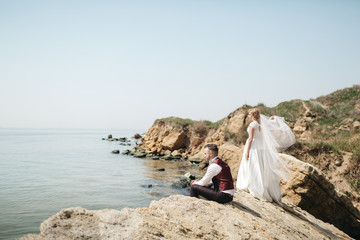 Beautiful newlyweds pose before the rocks on the sea