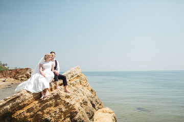 Wedding couple stands on the rocks before the sea