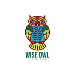 wise hand drawn colored sitting wise owl closeup front view. brand logo stylized design silhouette pictogram. Line icon bird isolated illustration on a white background.