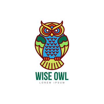 wise hand drawn colored sitting wise owl closeup front view. brand logo stylized design silhouette pictogram. Line icon bird isolated illustration on a white background.