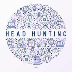 Head hunting concept in circle with thin line icons: employee, hr manager, focus, resume; briefcase; achievements; career growth, interview. Vector illustration for banner, web page, print media.