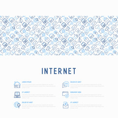 Fototapeta na wymiar Internet concept with thin line icons: e-mail, chat, laptop, share, cloud computing, seo, download, upload, stream, global connection. Modern vector illustration for web page.