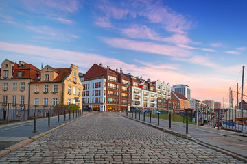 Architecture of Gdansk with marina at sunset, Poland.