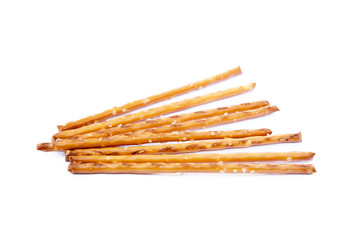 Salty cracker pretzel sticks isolated on white background