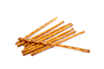 Salty cracker pretzel sticks isolated on white background
